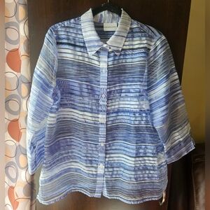 Alfred Dunner Sheer Blue Striped Button-Up Blouse
